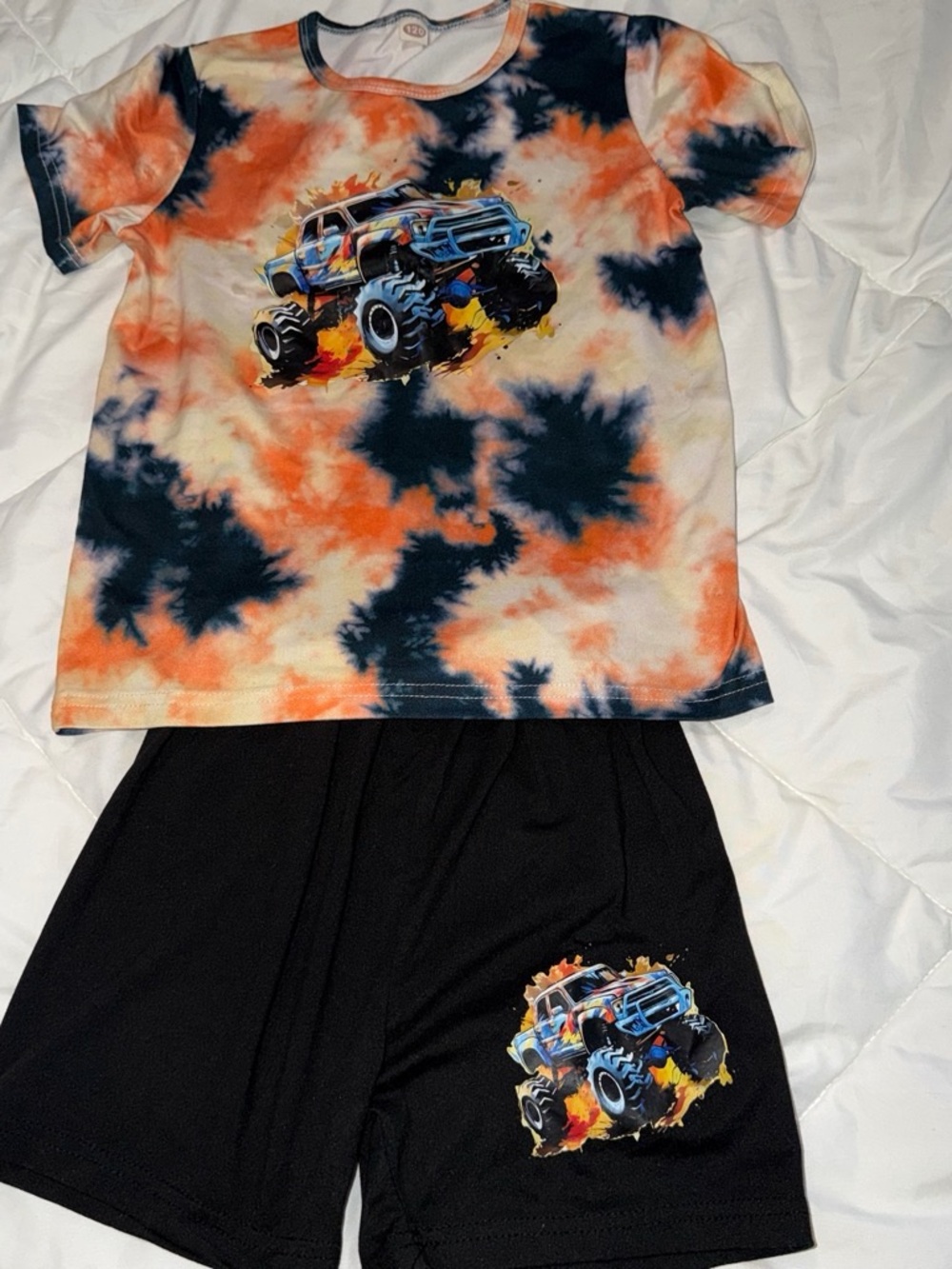 Kids Tie-Dye Monster Truck Pajama Set - Orange & Black